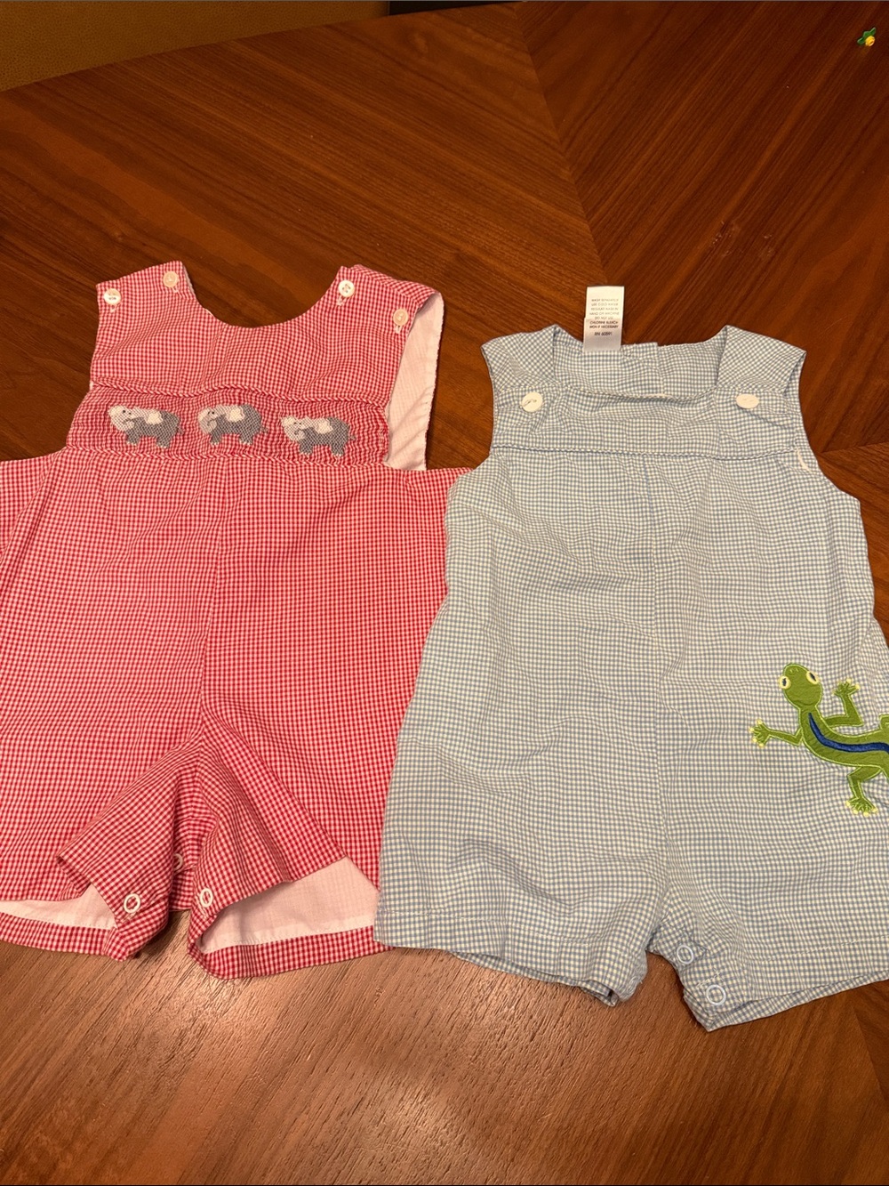 Vintage Red and Light Blue Gingham Kids Romper Set with Embroidery